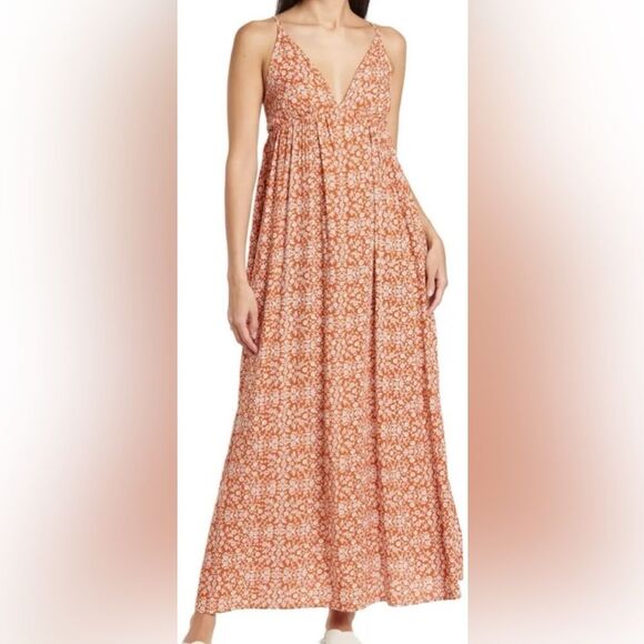 No One Cares NWT Rust Floral Tie Back Adjustable Spaghetti Straps Maxi Dress L - Picture 1 of 8